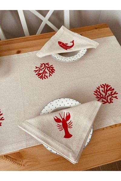 Merfico Linen Table Runner and Napkin 4-Piece Sea Live Set