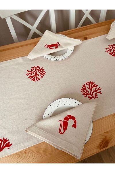 Merfico Linen Table Runner and Napkin 4-Piece Sea Live Set