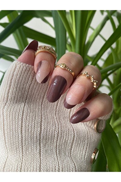 PERADİ 24 Adet Kahve French Desenli Oval Takma Tırnak