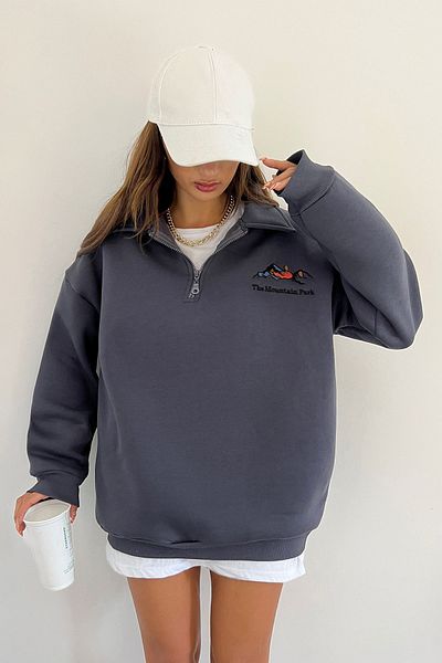 Sun Victoria Unisex Anthracite Polo Neck Oversize 3 Thread Raster Embroidered Sweatshirt