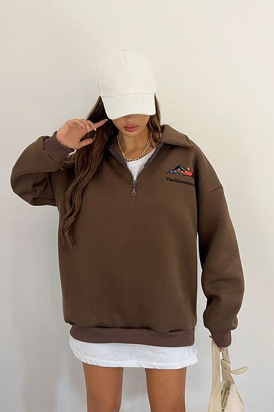 Sun Victoria Unisex Brown Polo Neck Oversize 3 Thread Raster Embroidered Sweatshirt
