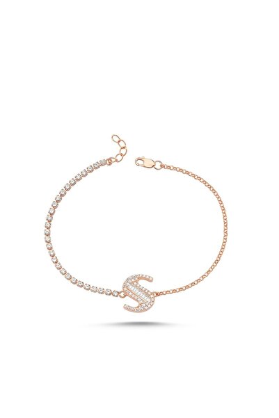 Bulvardi 925 Ayar Gümüş Bagetli Rose Altın Kaplama Harfli Bileklik - S Harfi ...