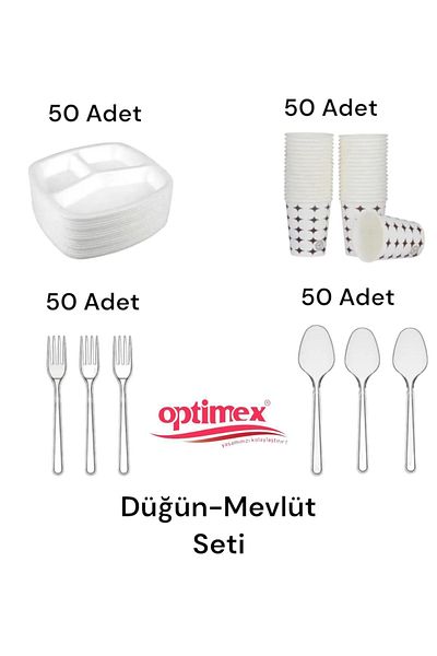 OPTİMEX Wedding, Mawlid Set - 50-Piece Foam Table D'hôte Plate, 50-Piece Cardboard Cup, 50-Piece Fork, 50-Piece Spoon