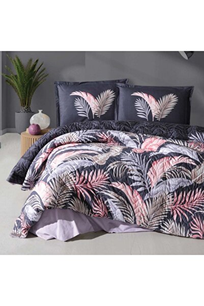 DENİZLİ ÇEYİZ Clasy Double 4 Season Quilted Duvet Cover Set Hena Anthracite