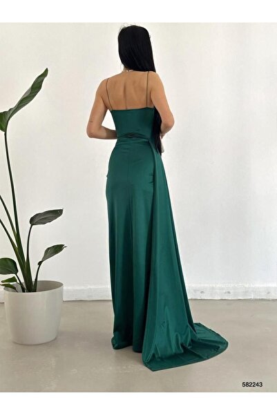 ALFUDO Moda Collection Zümrüt Saten Ön Pileli Abiye Elbise