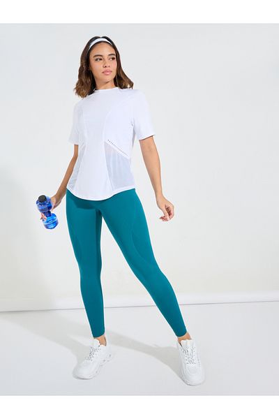 Styli Laser Cut & Stitch Detail Curved Hem Short Sleeve Top