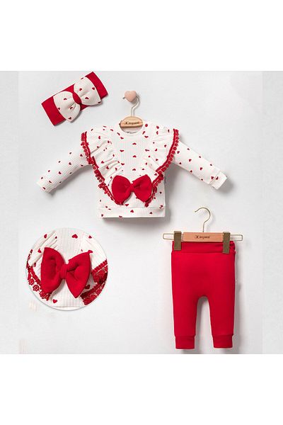 miniyou Baby Girl Heart Lace Frilly Bandana 3-Piece Newborn Bodysuit Set My-4016mc