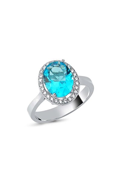 Bulvardi 925 Ayar Gümüş Mavi Taşlı Gül Yüzük Büyük - Standart - 18 Numara - B...