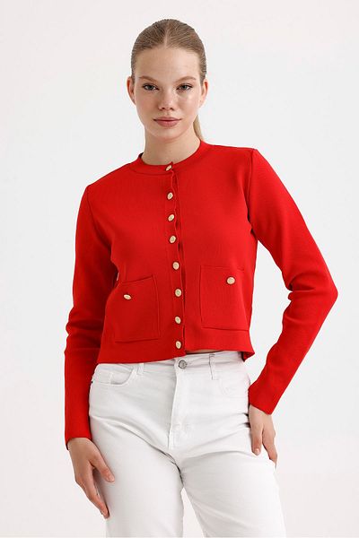 fujya Women's Crew Neck Stylish Buttoned Double Pocket Red Knitwear Cardigan