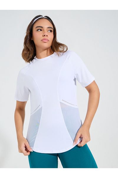 Styli Laser Cut & Stitch Detail Curved Hem Short Sleeve Top