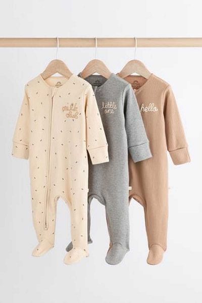 Next Baby Cream Brown 100% Cotton 3-Piece Footless Overalls Set