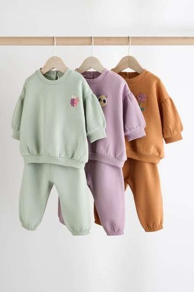 Next Baby Green Lilac Orange 3-Piece Cotton Long Sleeve Top and Bottom Set
