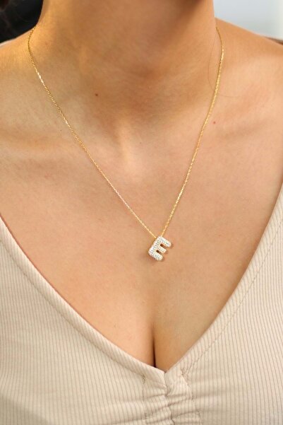 Bulvardi 925 Ayar Gümüş Altın Kaplama Taşlı Harfli Kolye - E Harfi - Standart