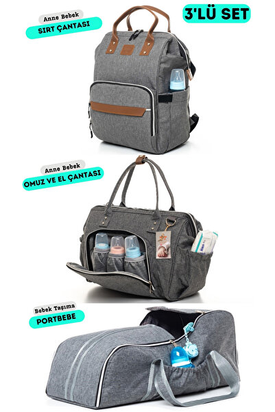 Sahra 3'lü Doğum Seti (BEBEK BAKIM OMUZ ÇANTASI, BEBEK BAKIM SIRT ÇANTASI VE PORTBEBE)