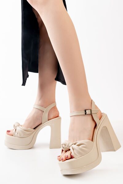 asmi shoes Pantofi cu toc cu platformă cu curele cu fundă din piele crem (12 cm).