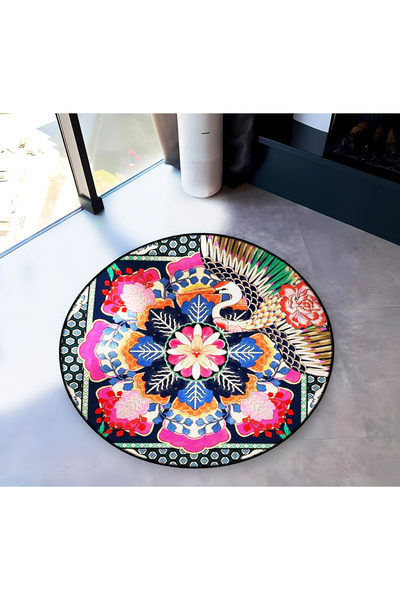 Rugs Modern Halı Flower Themed Motifs and Stork Patterned Round Woven Base Vi...