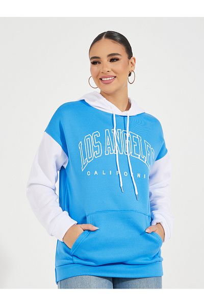 Styli Oversized Longline Color Block Slogan Hoodie