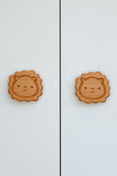 Üreet Aslan Desenli (2 ADET) Bebek Çocuk Odası Ahşap Mobilya Dolap Çekmece Kulpu