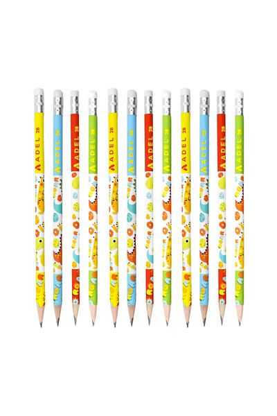 Adel Dino Round 2B Pencil with Eraser 12 Pieces
