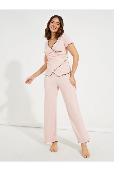 Styli Mono Contrast Edge Rib Wrap Over T-Shirt & Pyjama Set