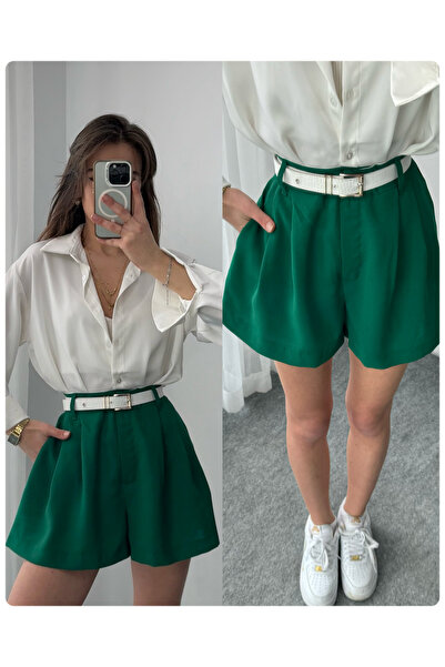 LUVESSE Piliseli Koyu Yeşil Cepli Şort