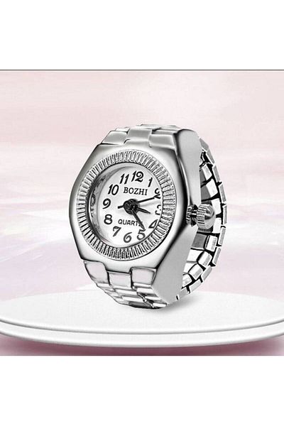 Bozhi Silver Mini Watch Ring, Real Working Ring Watch, Finger Clock Ring, White Round Ring Clock