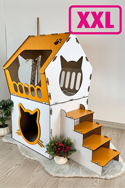 Onix Home XXL MODEL DEKORATİF AHŞAP BÜYÜK TERASLI KEDİ EVİ 5KG VE ÜZERİ KEDİL...