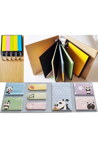 KRAF Panda Adhesive Note Paper Set 8 Different Patterns 8x20 Pieces+Spiral Hard Cover Endless Postit Notebook