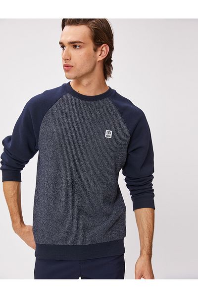 Koton Crew Neck Sweater Raglan Sleeve Blocked with Label Detail