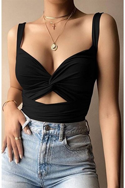 Edela Kadın Siyah Önü Büzgülü Crop Bluz Edl-1734