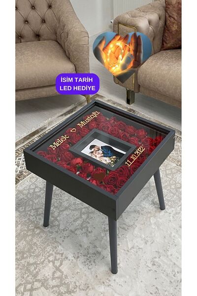 Mağaraahşap Led Işıklı Anı Sehpası Fotoğraflı Söz Nişan Çiçeği Saklama Sehpas...
