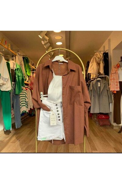 LARİSA COLLECTİON قميص كتان بني كبير الحجم