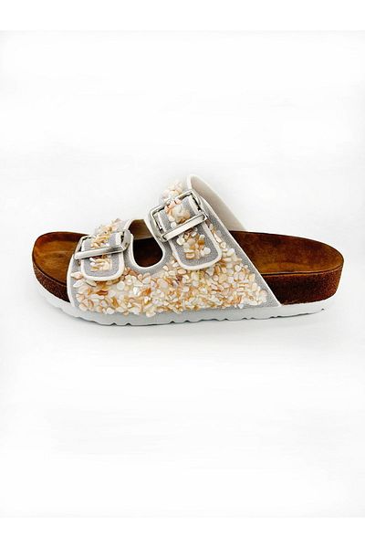 MAGGIO White Double Buckle Natural Stone Sea Slippers
