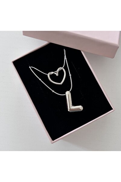 Accessories Üç Boyutlu Çelik Silver Renk Kalpli/Harfli Kolye Seti