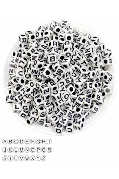 Hobimos 6X6 Cube White - Black Letter Beads, Dice Beads, Jewelry Beads (10Gr,~70 Pcs)