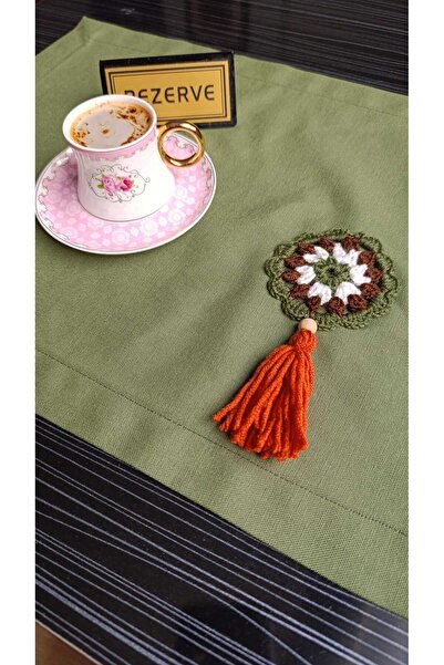 GUHEF Runner Amerikan Servis Sunum Duck Keten Kumaş Örme Dantel Püsküllü YEŞİ...