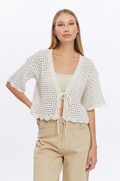 MA ananas Openwork Short Sleeve Cardigan for Women - Rope Tied