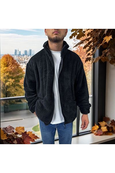 JAKARLI Unisex Oversize Zippered Double Pocket Bato Collar Plush Jacket