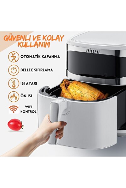 RİOMİ Smart Air Fryer Pro6 Çelik Wifi Akıllı Yağsız Hava Fritözü 7.5 Litre XXL Beyaz