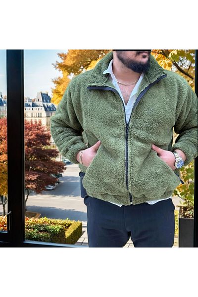 JAKARLI Unisex Oversize Zippered Double Pocket Bato Collar Plush Jacket
