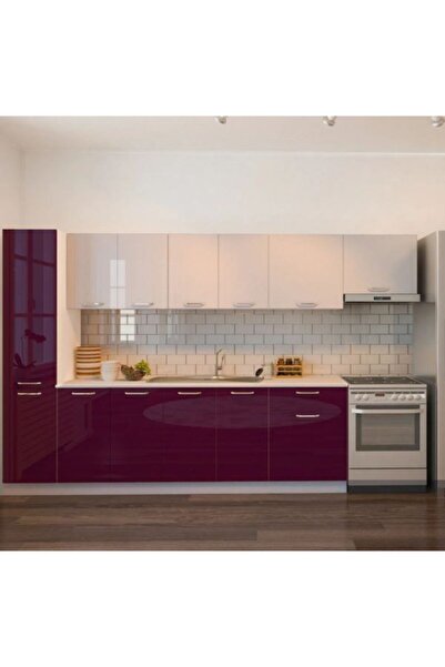 Tdesigno Verda Hazır Mutfak Dolabı Kiler Dahil 320cm–parlak Mürdüm Beyaz - Tezgah Dahil Değil