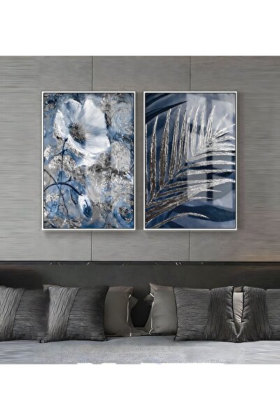 Harikabirev HARİKABİREV | COMBINAT DE FRUNZE DE FLORI ALBASTRU-ARGINTIU 5 | TABLO DE STICLA CU CADRU 2 PIESE VERTICAL