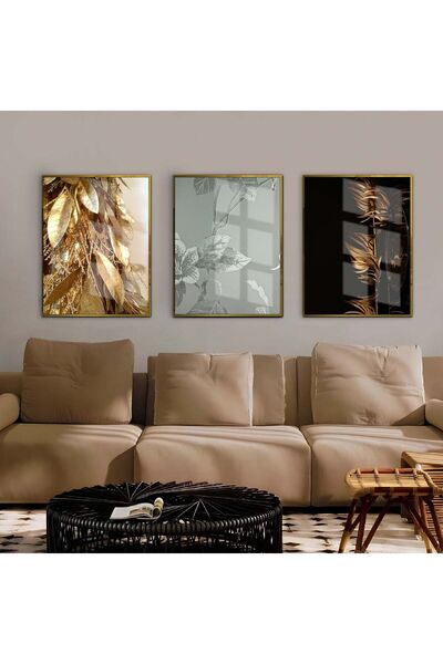 Harikabirev HARİKABİREV | COMBINAT DE TRIANYA AUR-NEGRU-ARGINT | TABLO DE STICLA CU CADRU 3 PIESE VERTICAL