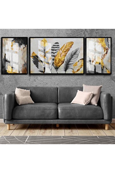 Harika bir ev |siyah-gold Kombini Tüy Soyut|çerçeveli Temperli Cam Tablo 3lü ...