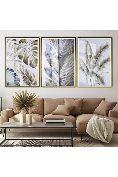 Harikabirev HARİKABİREV | COMBINAT DE FRUNZE TROPICALE | TABLO DE STICLA CU CADRU 3 PIESE VERTICAL