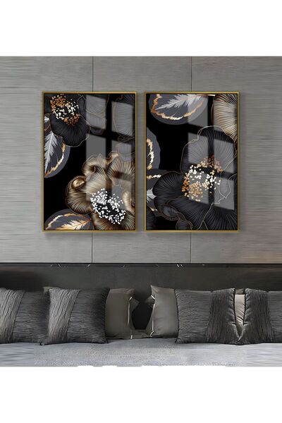Harikabirev HARİKABİREV | COMBINAT DE FLORI ȘI FRUNZE DE CULOARE NEGRU-AURIE ABSTRACT | TABLO DE STICLA CU CADRU 2 PIESE VERTICAL