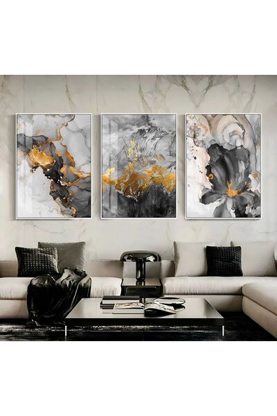 Harika bir ev |gri-gold Kombini Soyut Şekiller |çerçeveli Temperli Cam Tablo ...