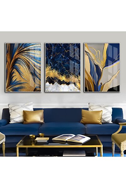 Harikabirev HARİKABİREV | COMBINAT ALBASTRU-DE-URIAȘ-AUR 5 COMBINAT SOYUT | TABLO DE STICLA TEMPLATA CU CADRU 3 PIESE VERTICALE