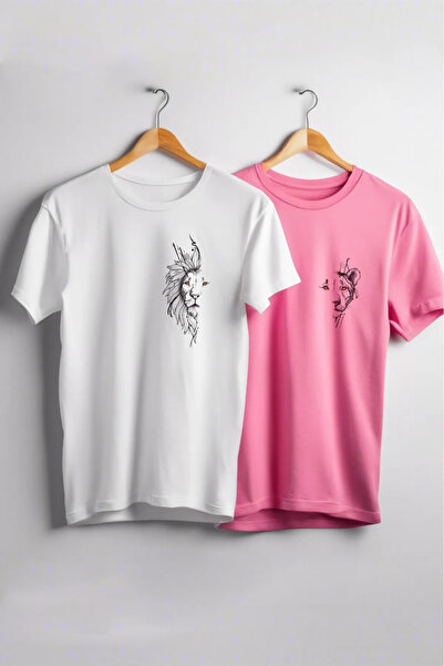 UNIQUE DESIGN Lion Couples Printed Oversize Ροζ Λευκό Χρώμα Lover Combination
