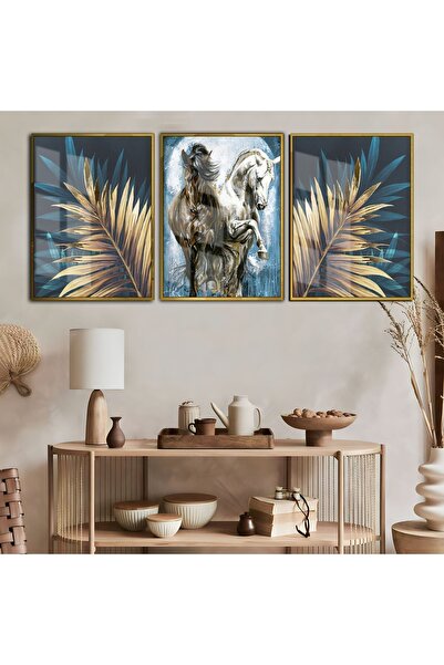 Harika bir ev MARVELOUS HOME DECOR GOLD-BLUE HORSE-FLOWER COMBO FRAMED TEMPER...